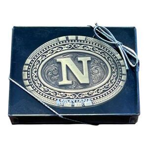 Montana Silversmiths Oval Brass Cast Filigree Initial N Belt Buckle Rope Border